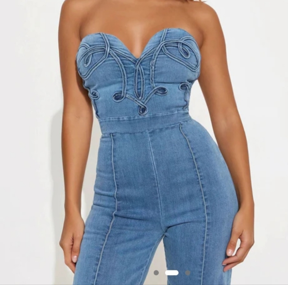 Strapless Denim Jumpsuit Light Blue